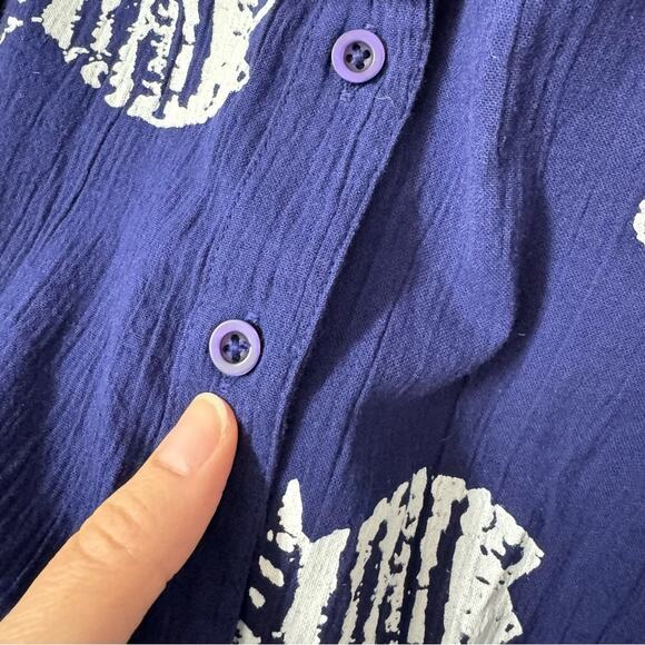 The Vermont Country Store Navy Blue Crepe Cotton White Fish Print Dress Womens M - Picture 7 of 12